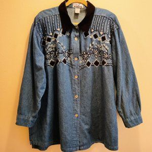 Vintage 90s Club Z Denim Embellished Top, Long Sleeve, Beads, Embroidery, Sz 2X